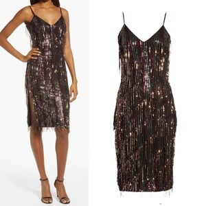 DRESS THE POPULATION Yvonne Rainbow Sequin Fringe Midi Dress Sz Medium